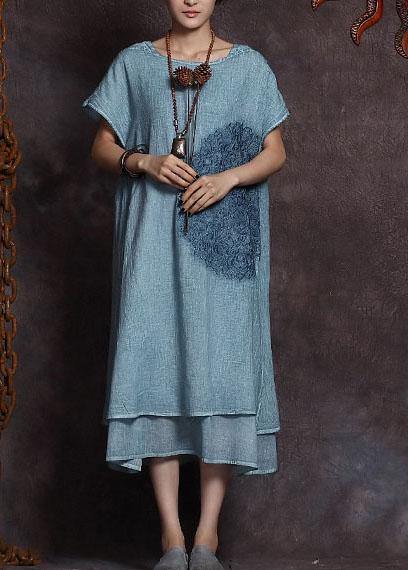Italian blue embroidery linen Robes layered Love summer Dress - SooLinen