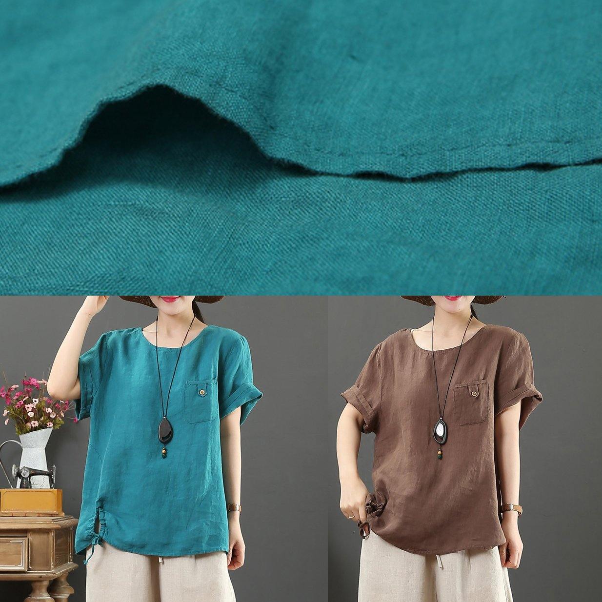 Italian blue linen clothes For Women o neck pockets Plus Size Clothing summer tops - SooLinen