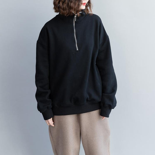 Italienische Baumwollkleidung Vintage-Arbeitsoutfits mit hohem Kragen und schwarzen Silhouette-Blusen mit Reißverschluss