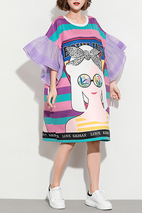 Italienische Flare-Ärmel-Baumwollkleidung für Frauen Bio-Outfits lila gestreifte Baggy-Kleider Sommer