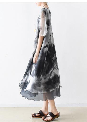 Italian gray print chiffon clothes For Women plus size Fashion Ideas o neck pockets Summer Dress - SooLinen