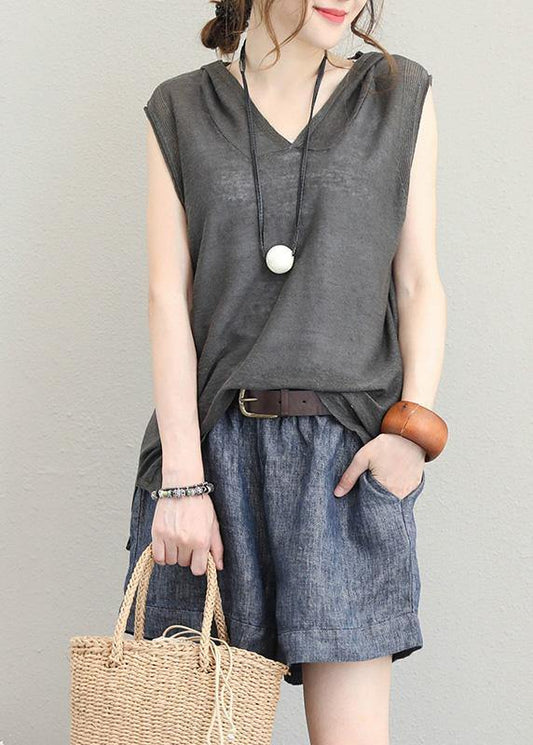 Italian hooded cotton shirts women design dark gray shirts summer - SooLinen