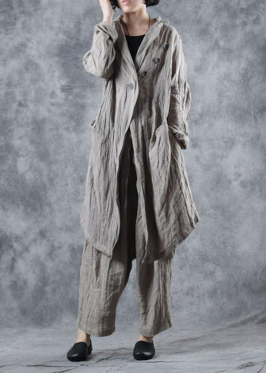 Italian nude linen Blouse lapel collar cotton long sleeve coats - SooLinen