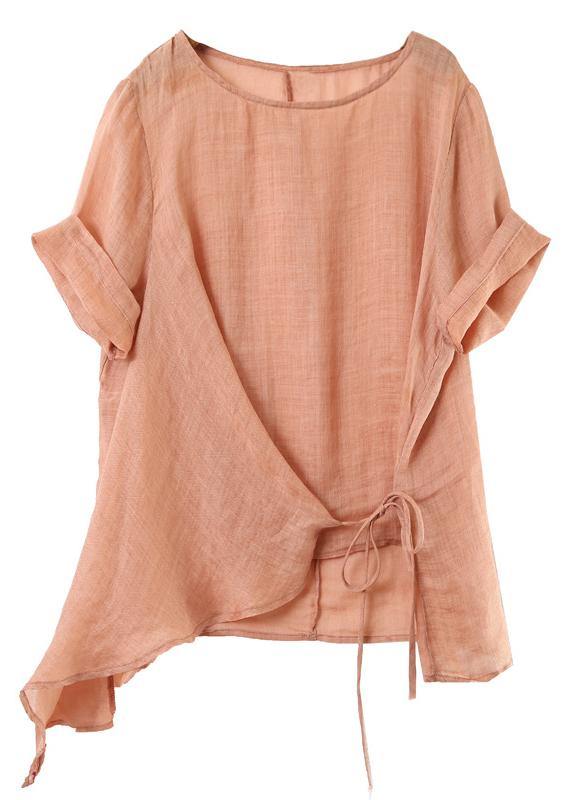 Italian o neck asymmetric cotton linen clothes pink silhouette blouses - SooLinen