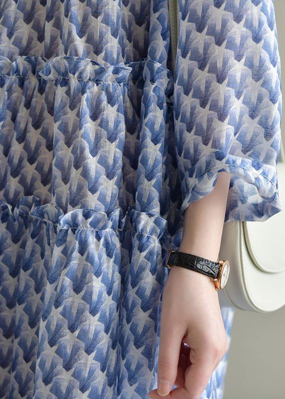 Italian o neck large hem chiffon dress fine Wardrobes blue print Art Dress Summer - SooLinen