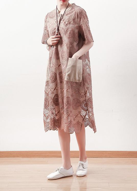 Italienisches O-Ausschnitt Patchwork-Spitzen-Leinen-Tunika-Muster Omychic Fotografie Khaki A-Linien-Kleid Sommer