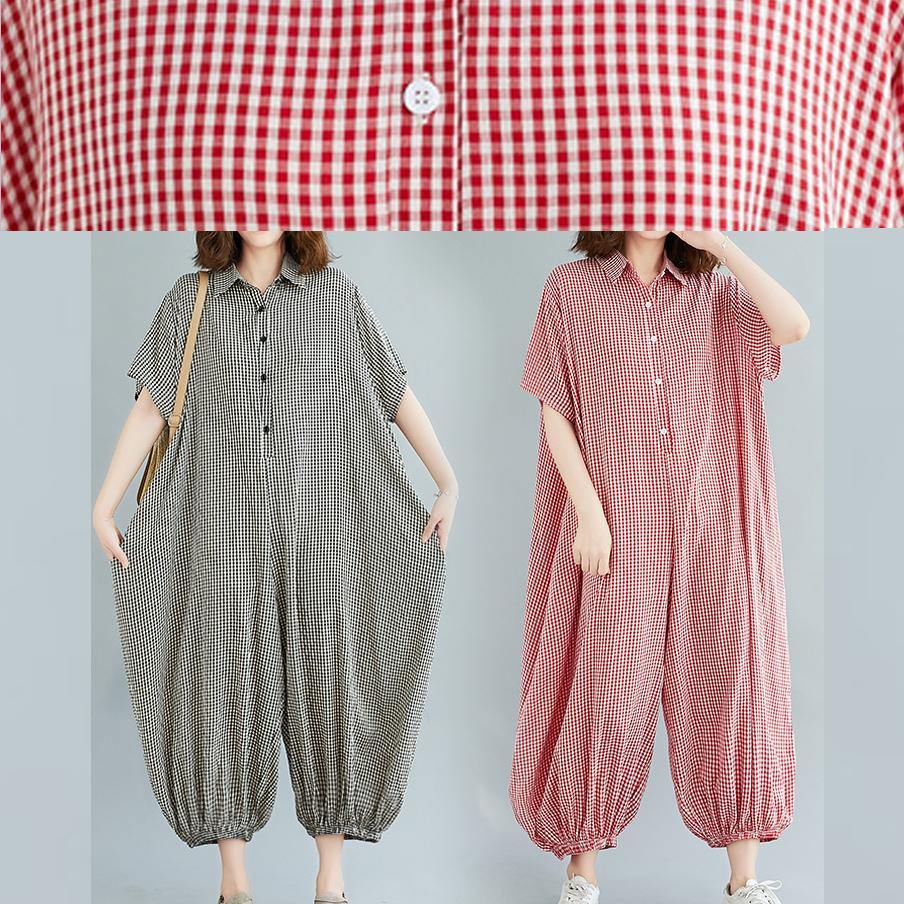 Italian summer pants oversize black plaid Fashion Ideas lapel collar jumpsuit pants - SooLinen