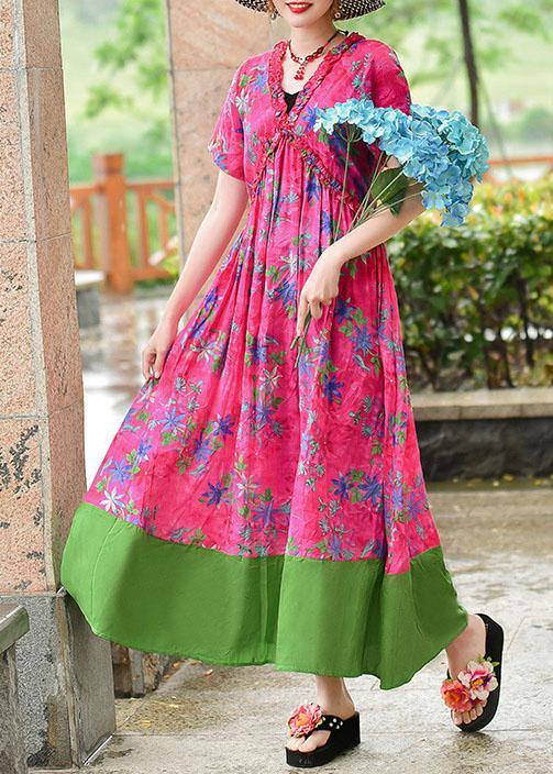 Italian v neck patchwork cotton Wardrobes rose print cotton robes Dress summer - SooLinen