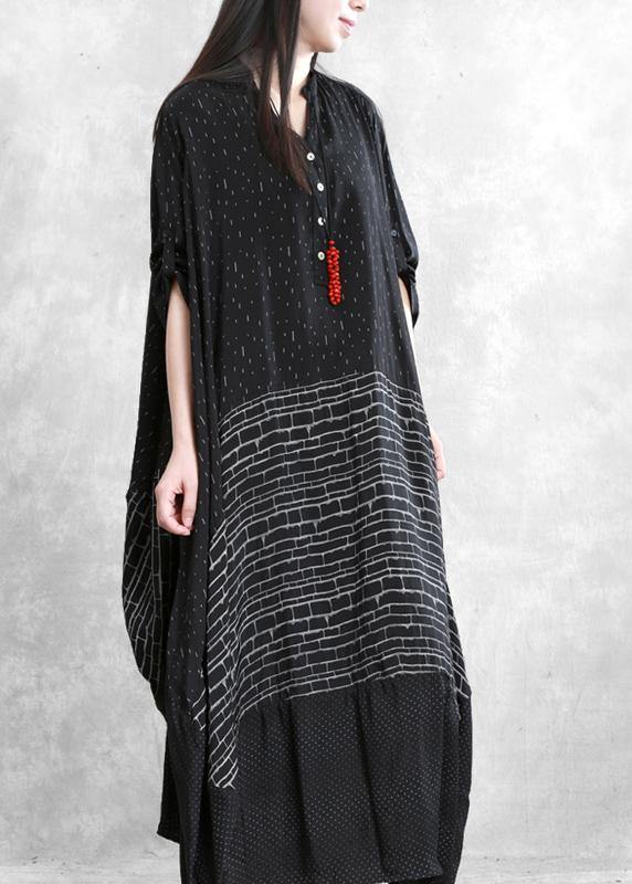 Italian v neck patchwork summer dresses Work black print Dress - SooLinen