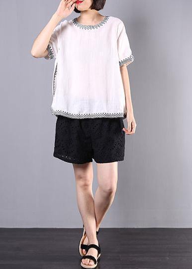 Italian white linen tops women design embroidery summer blouses - SooLinen