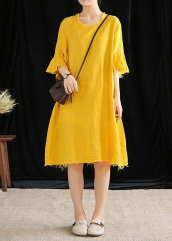 Italian yellow linen quilting clothes o neck Petal Sleeve daily Dresses - SooLinen