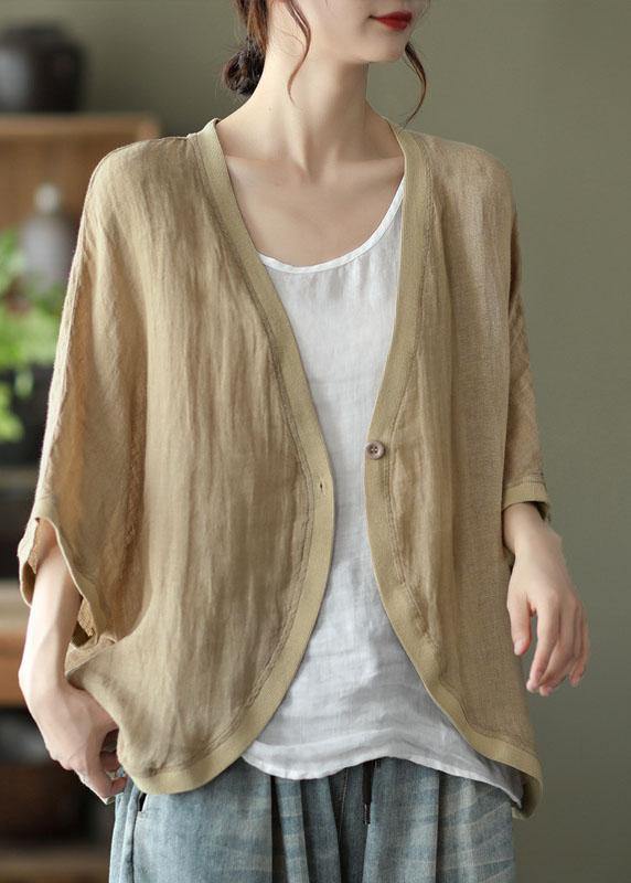 Italian Khaki V Neck Patchwork Fall Blouses Three Quarter Sleeve - SooLinen