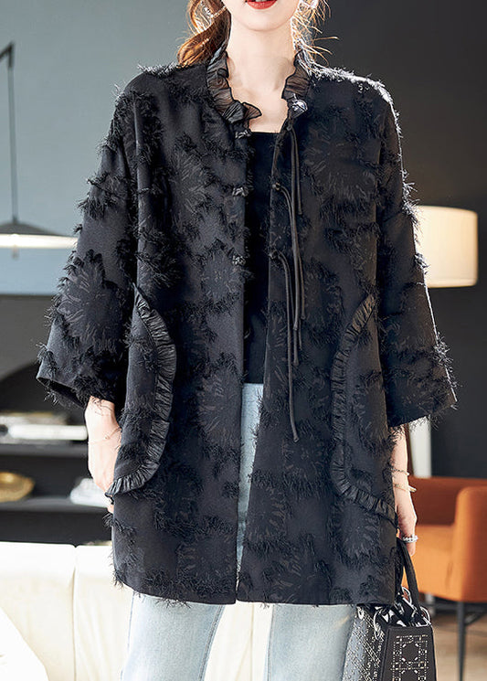 Jacquard Black Chinese Button Ruffled Silk Coats Bracelet Sleeve
