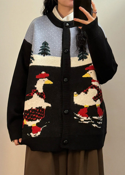 Jacquard Black O Neck Button Patchwork Knit Coats Spring