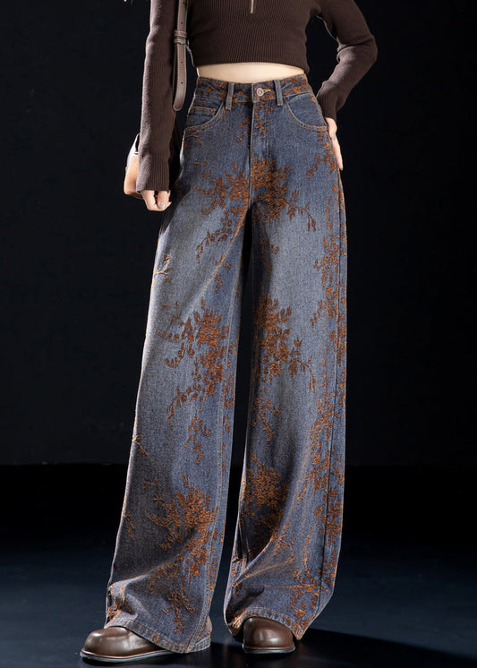 Jacquard Brown Pockets High Waist Denim Wide Leg Pants Spring