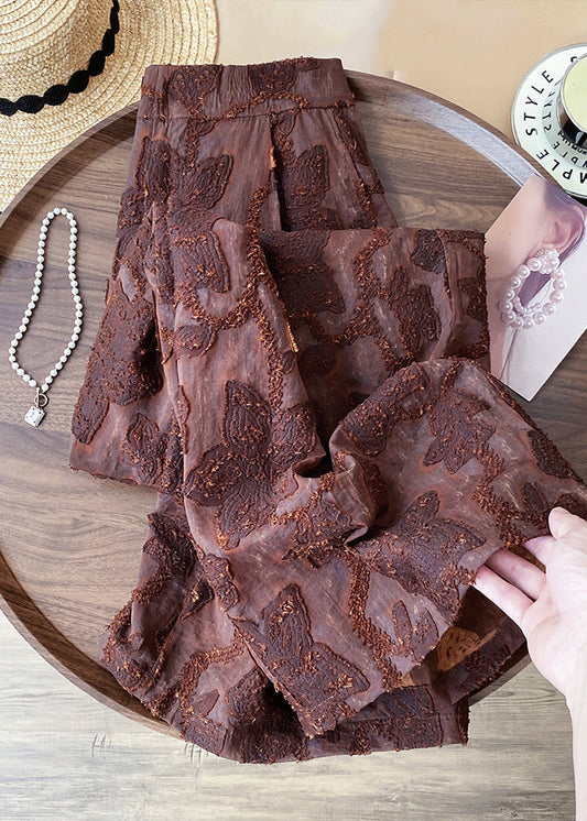 Jacquard-braune Baumwollhose mit Reißverschluss und hohem Bund für den Frühling