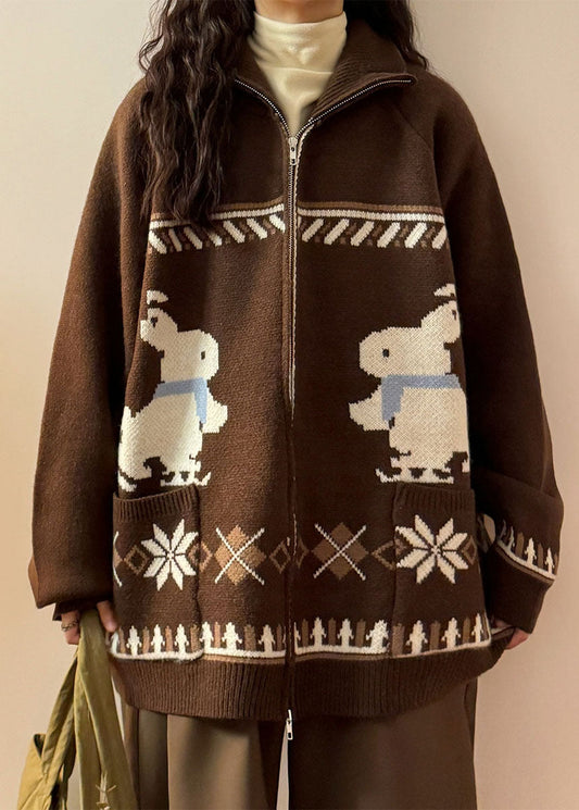 Jacquard Coffee Zip Up Pockets Knit Coats Spring