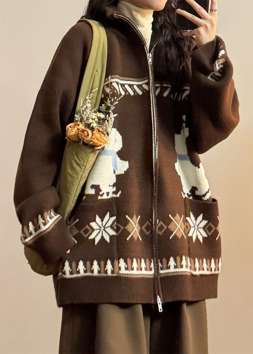 Jacquard Coffee Zip Up Pockets Knit Coats Spring