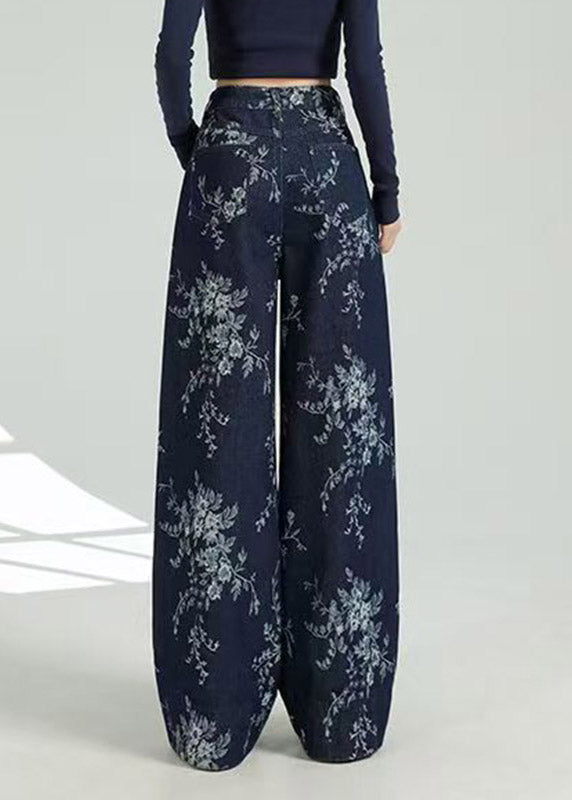 Jacquard Dark Blue Pockets Print Wide Leg Jeans