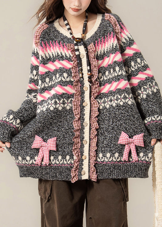 Jacquard-Strickmäntel in Dunkelgrau mit Rüschen und Schleifen-Patchwork für den Frühling