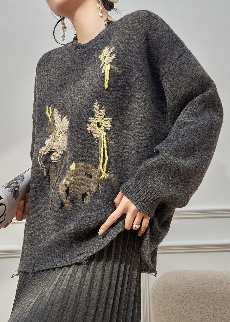 Jacquard Grey Hole Cozy Knit Sweater Tops Winter