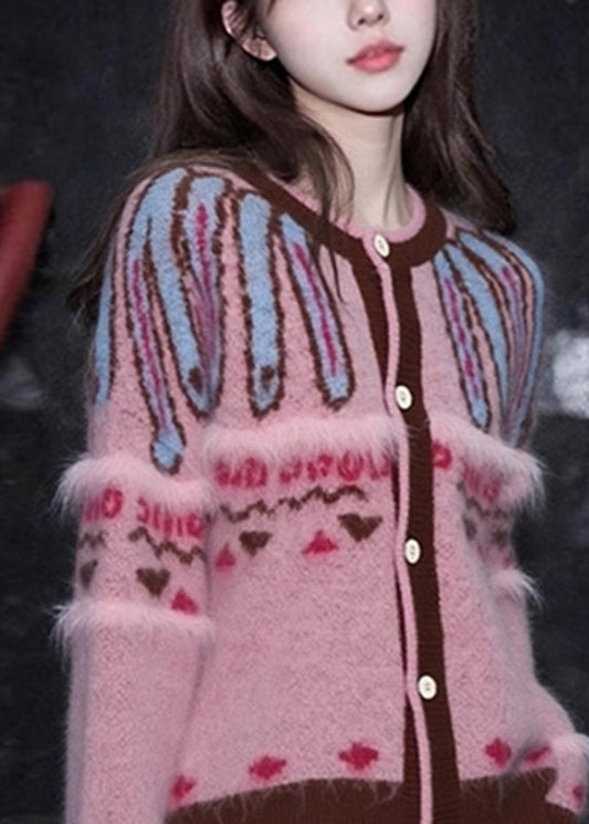 Jacquard-Cardigan aus rosa Baumwolle mit Rundhalsausschnitt und Knöpfen, Frühling