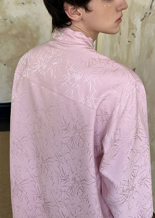 Jacquard-Herrenhemd in Rosa mit Stehkragen und Perlmuttknöpfen aus Baumwolle, Frühling