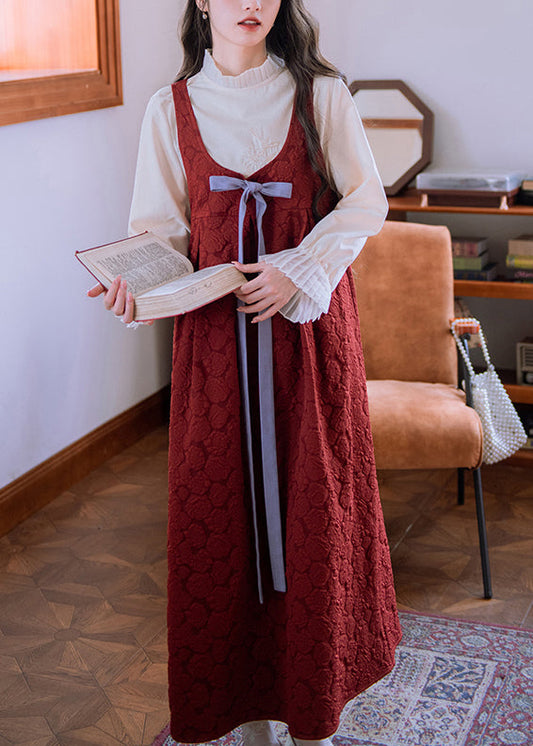 Ärmelloses, langes Baumwollkleid mit Jacquardmuster, roter Schleife und hohem Bund, lang, hochtailliert, aus Baumwolle, mit roter Jacquard-Decke und hohem Bund, langes Kleid, ärmellos