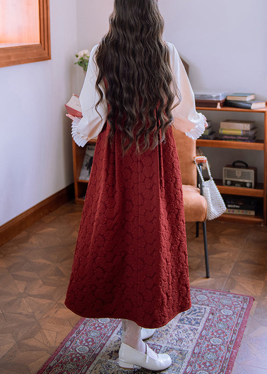 Ärmelloses, langes Baumwollkleid mit Jacquardmuster, roter Schleife und hohem Bund, lang, hochtailliert, aus Baumwolle, mit roter Jacquard-Decke und hohem Bund, langes Kleid, ärmellos