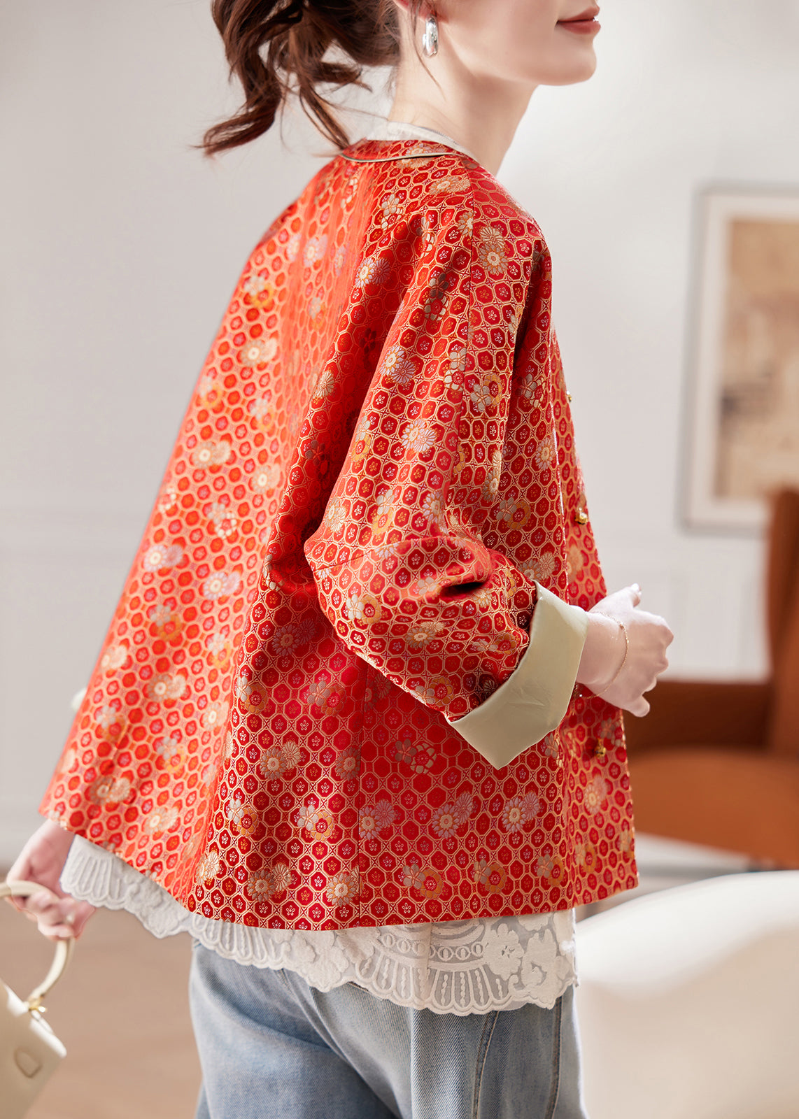 Jacquard Red O Neck Button Silk Coats Spring