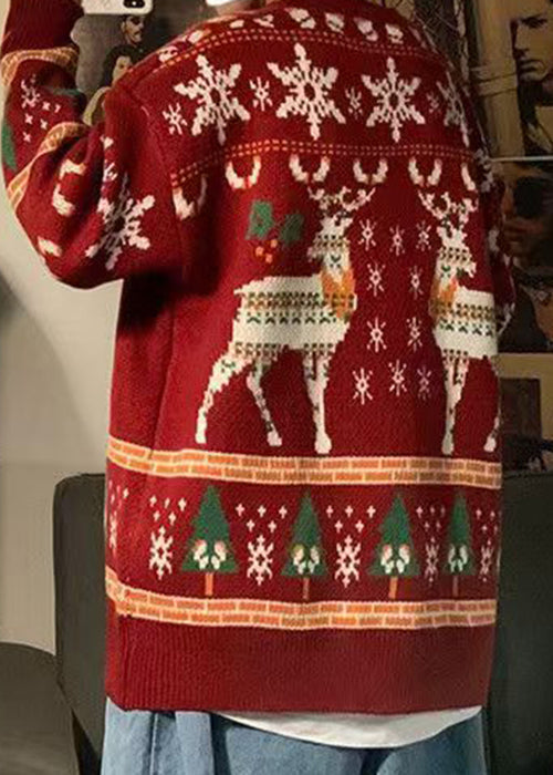 Jacquard Red O Neck Cozy Christmas Knit Sweater Men Winter