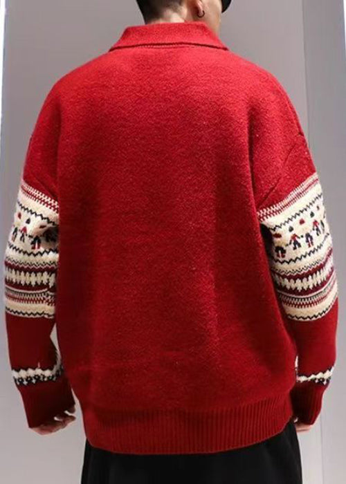 Jacquard Red Peter Pan Collar Zip Up Knit Men Sweater Tops Winter