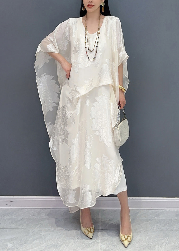 Jacquard Weiß O-Ausschnitt Seide Langes Kleid Sommer