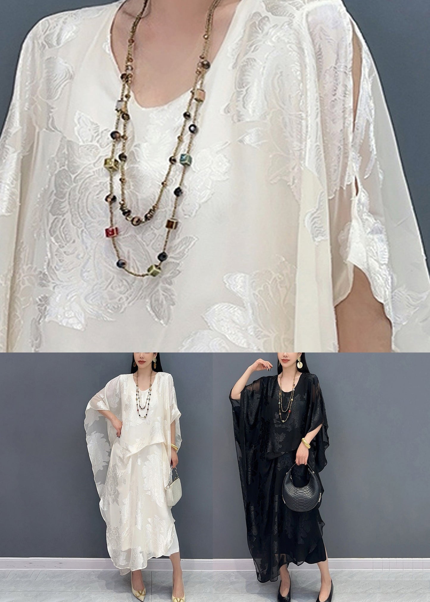 Jacquard Weiß O-Ausschnitt Seide Langes Kleid Sommer