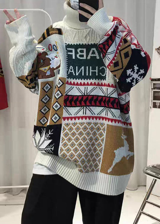 Jacquard White Turtleneck Patchwork Knit Mens Knit top Winter