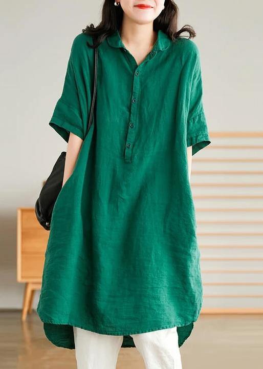 Vestido camisero informal de lino color verde oscuro con copos de nieve para mujer