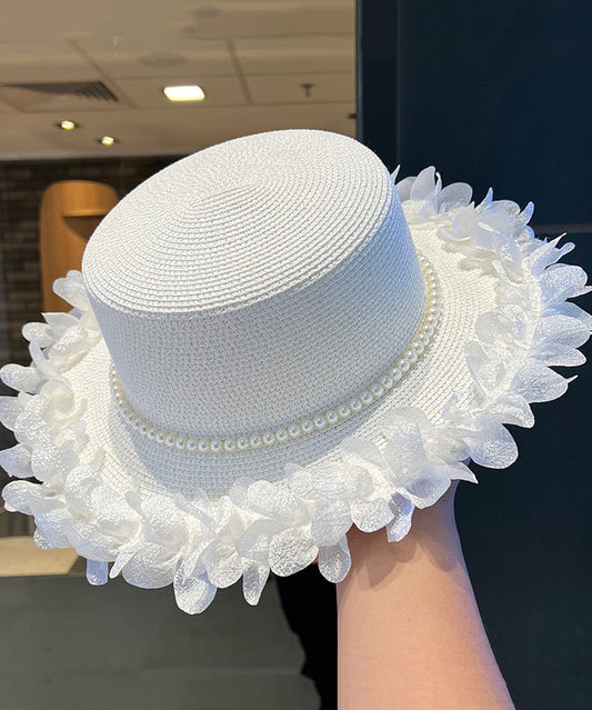 Japanese Elegant Black Pearl Lace Edge Straw Woven Cloche Hat