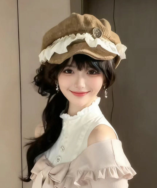 Japanese Khaki Lace Ruffled Octagonal Breton Hat