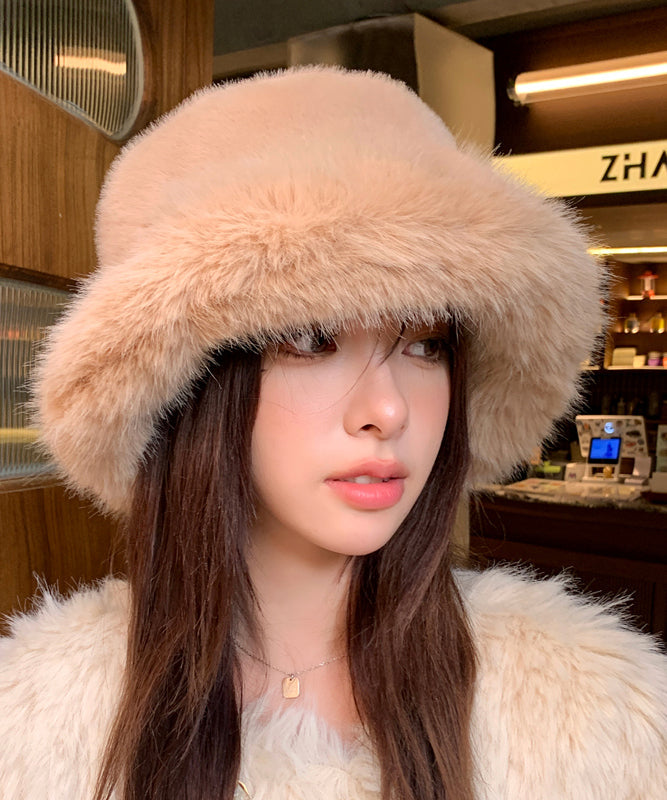 Japanese Style Beige Fox Fur Thick Warm Bucket Hat