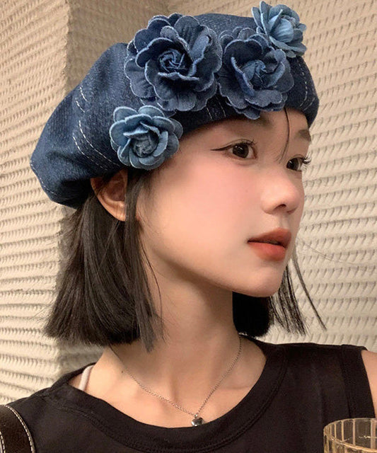 Japanese Style Blue Flower Patchwork Denim Beret Hat
