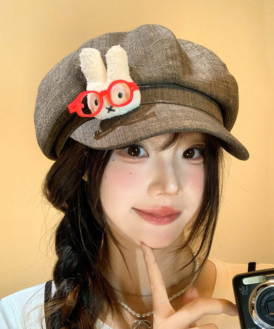 Japanese Style Khaki Cute Bunny Cartoon Glasses Breton Hat