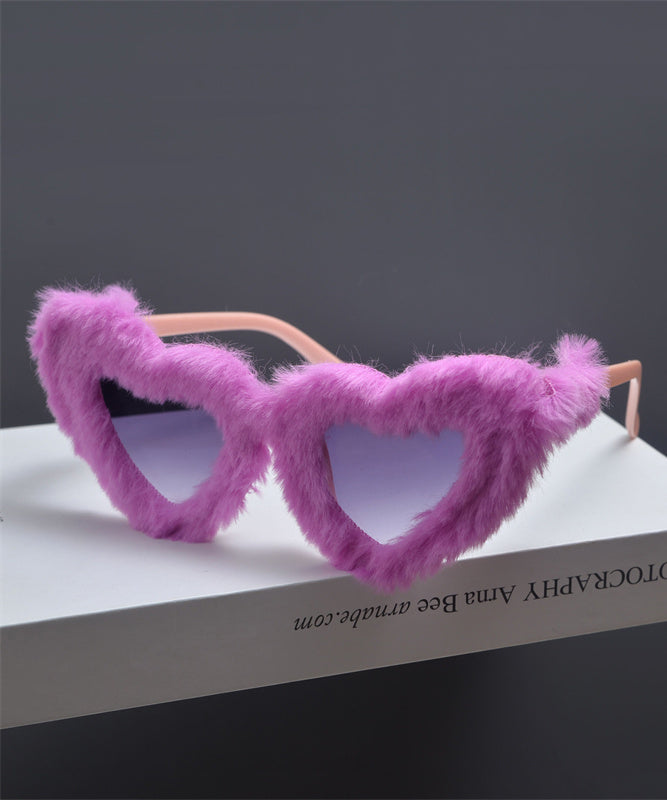 Japanese Style Pink Fur Decorative Large Frame Heart-Shaped Sunglasses