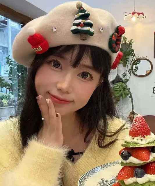 Japanese Sweet Cute Red Wool Christmas Beret Hat