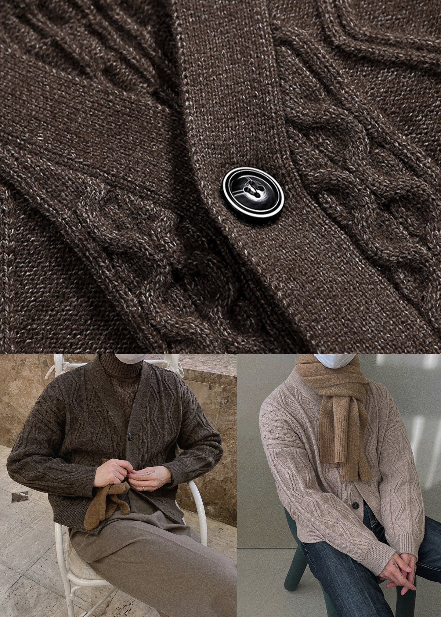 Khaki Button Cozy Silk Mens Men Coat V Neck