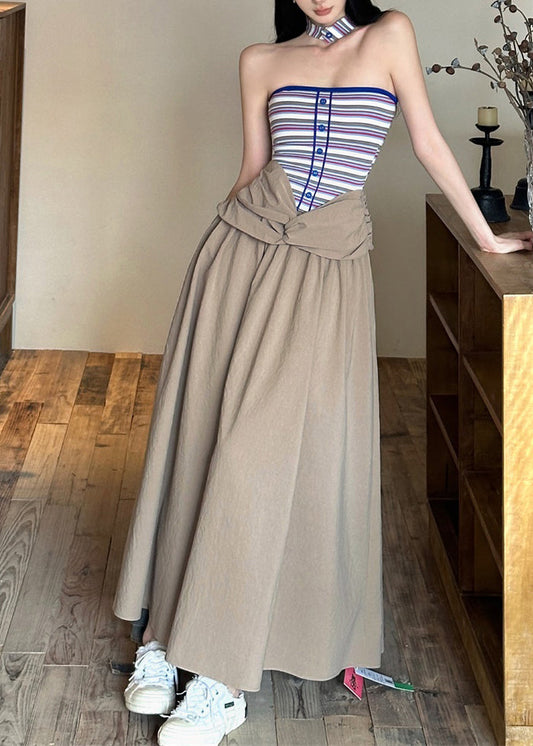 Khaki Cold Shoulder Wrinkled Maxi Dresses Sleeveless