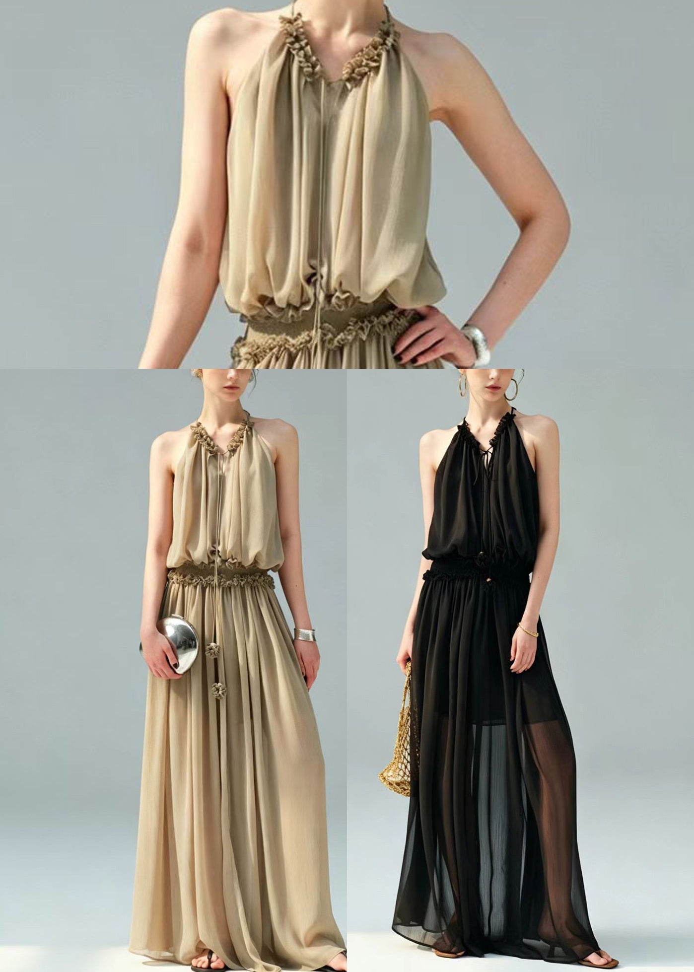 Khaki Elastic Waist Chiffon Dress Cold Shoulder Summer