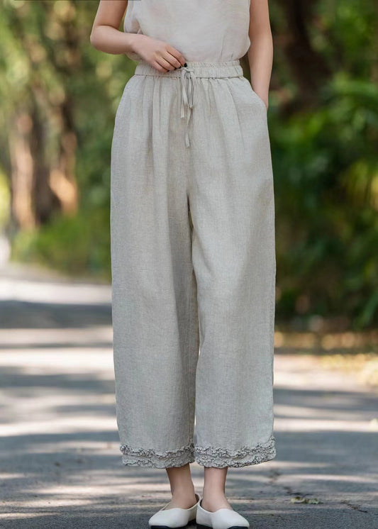 Khaki Lace Up Solid Linen Pants Ruffled Summer