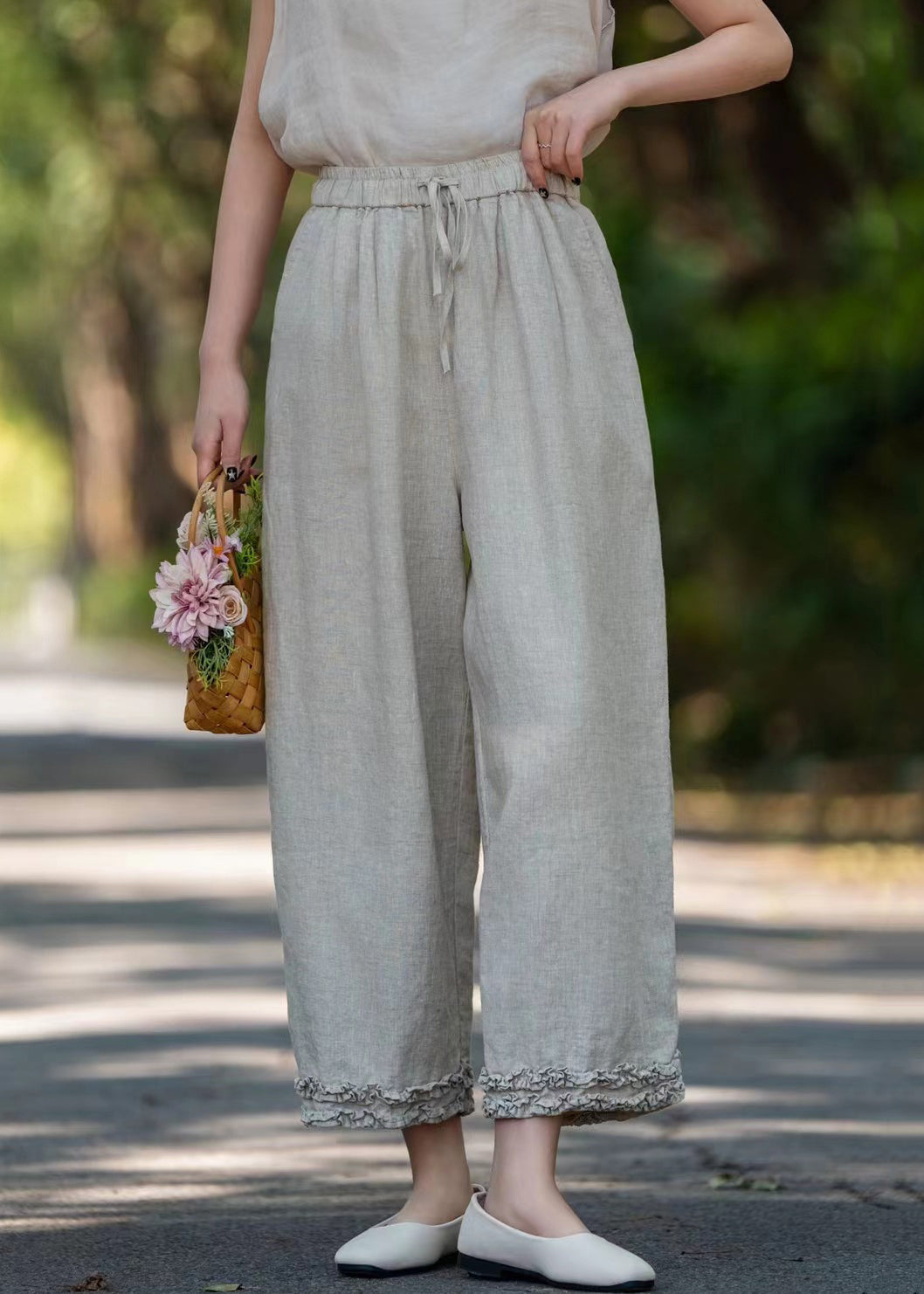 Khaki Lace Up Solid Linen Pants Ruffled Summer