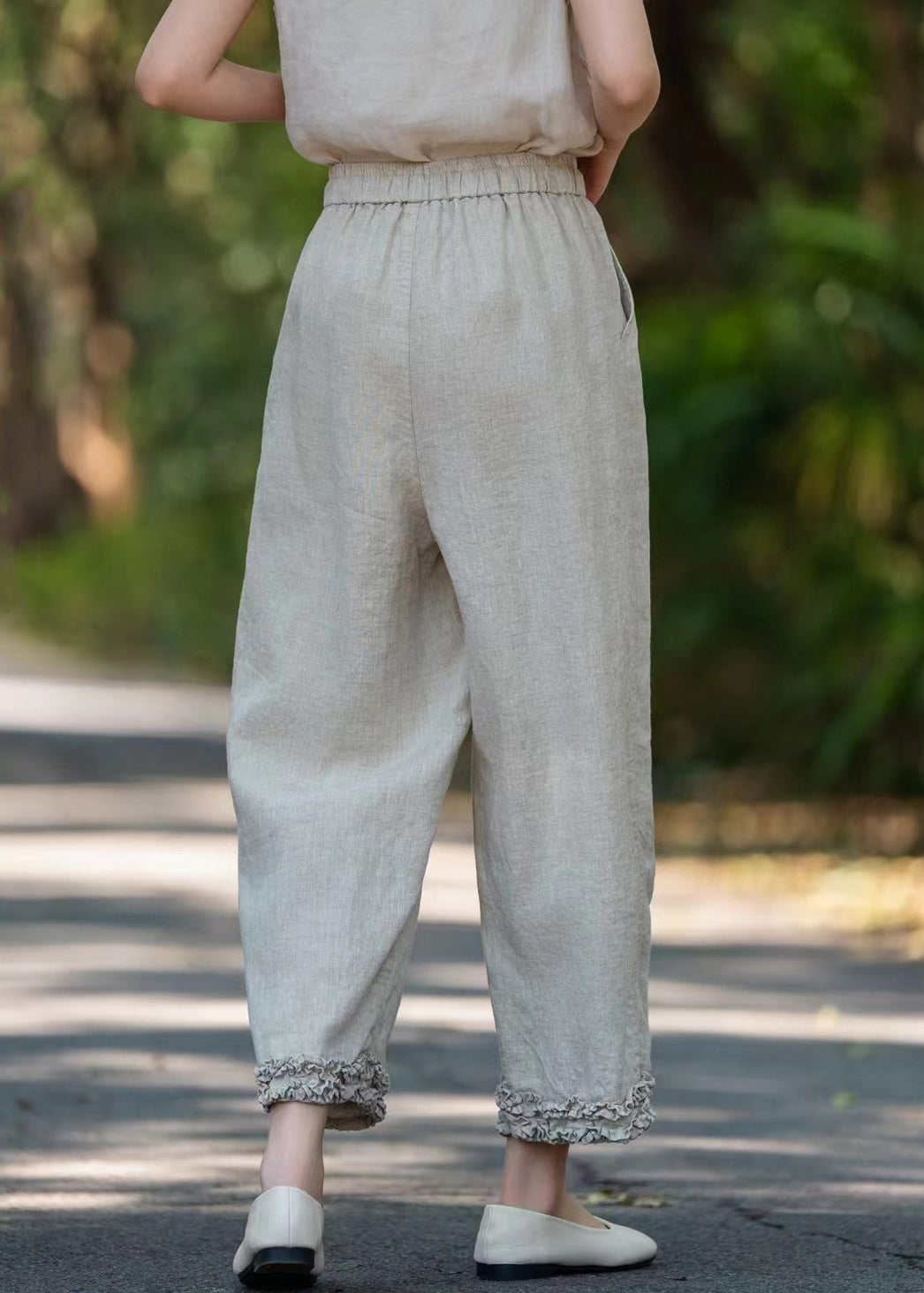 Khaki Lace Up Solid Linen Pants Ruffled Summer