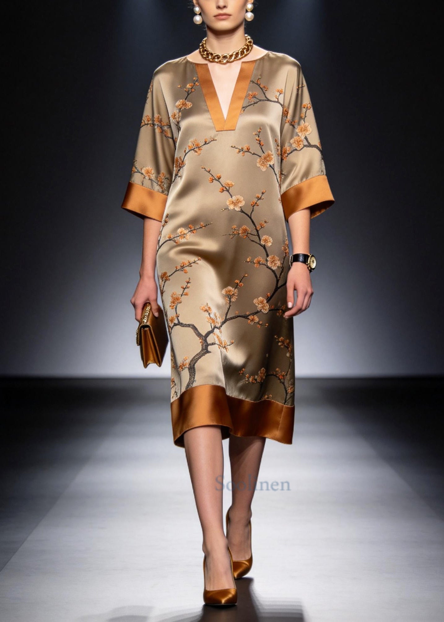 Khaki Patchwork Silk Long Dress Plum Blossom Print Summer